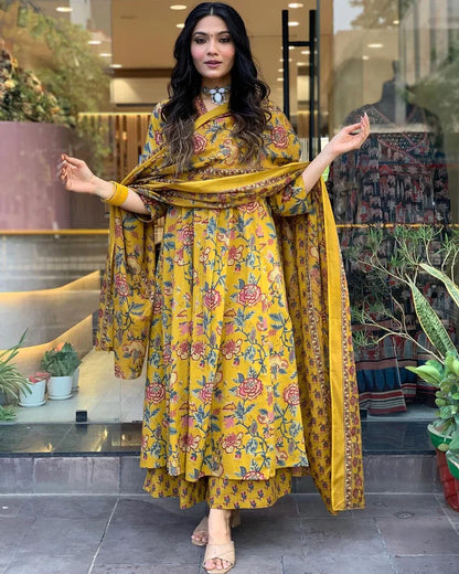 Floral Printed Cotton Kurta and Pant Set with Mulmul Dupatta