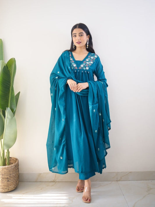 Teal Blue Mirror Work Festive Kurta Set with Tassels for Women