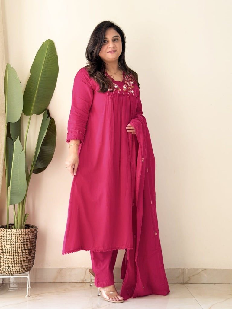 Magenta Pink Embroidered Kurta Set with Mirror Work Festive Suit for Women