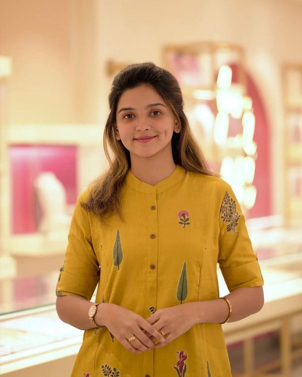 Mustard Yellow Floral Printed Straight Kurta Set with Pants for Women