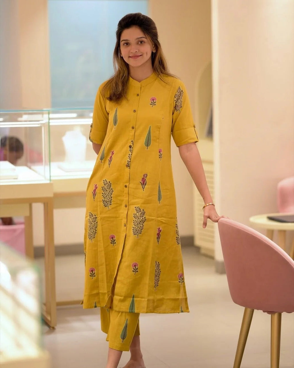 Mustard Yellow Floral Printed Straight Kurta Set with Pants for Women
