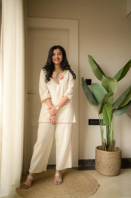 Beige Embroidery Cotton Co Ord Set
