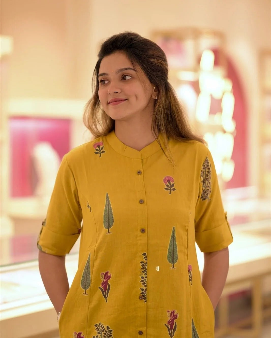 Mustard Yellow Floral Printed Straight Kurta Set with Pants for Women