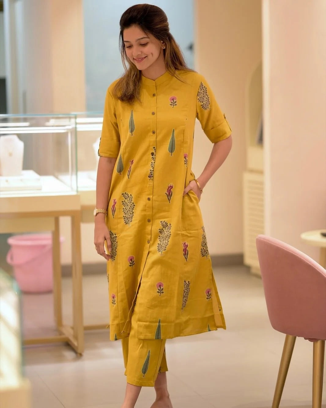 Mustard Yellow Floral Printed Straight Kurta Set with Pants for Women