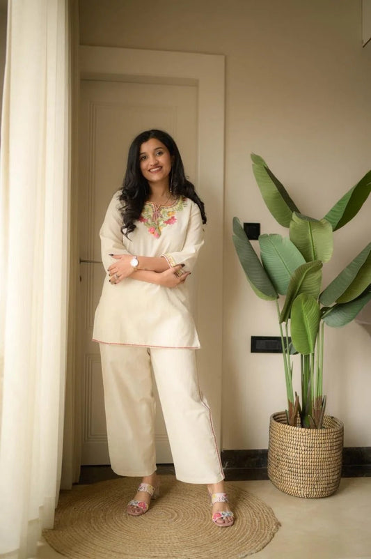 Beige Embroidery Cotton Co Ord Set