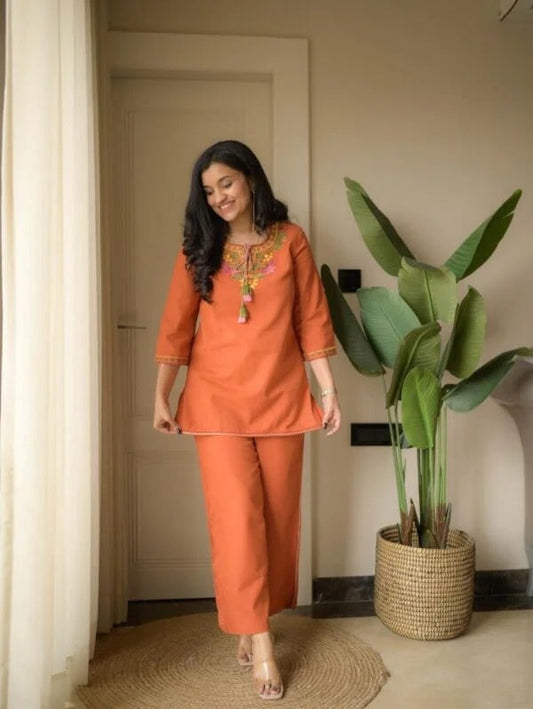 Rust Orange Embroidery Cotton Co Ord Set