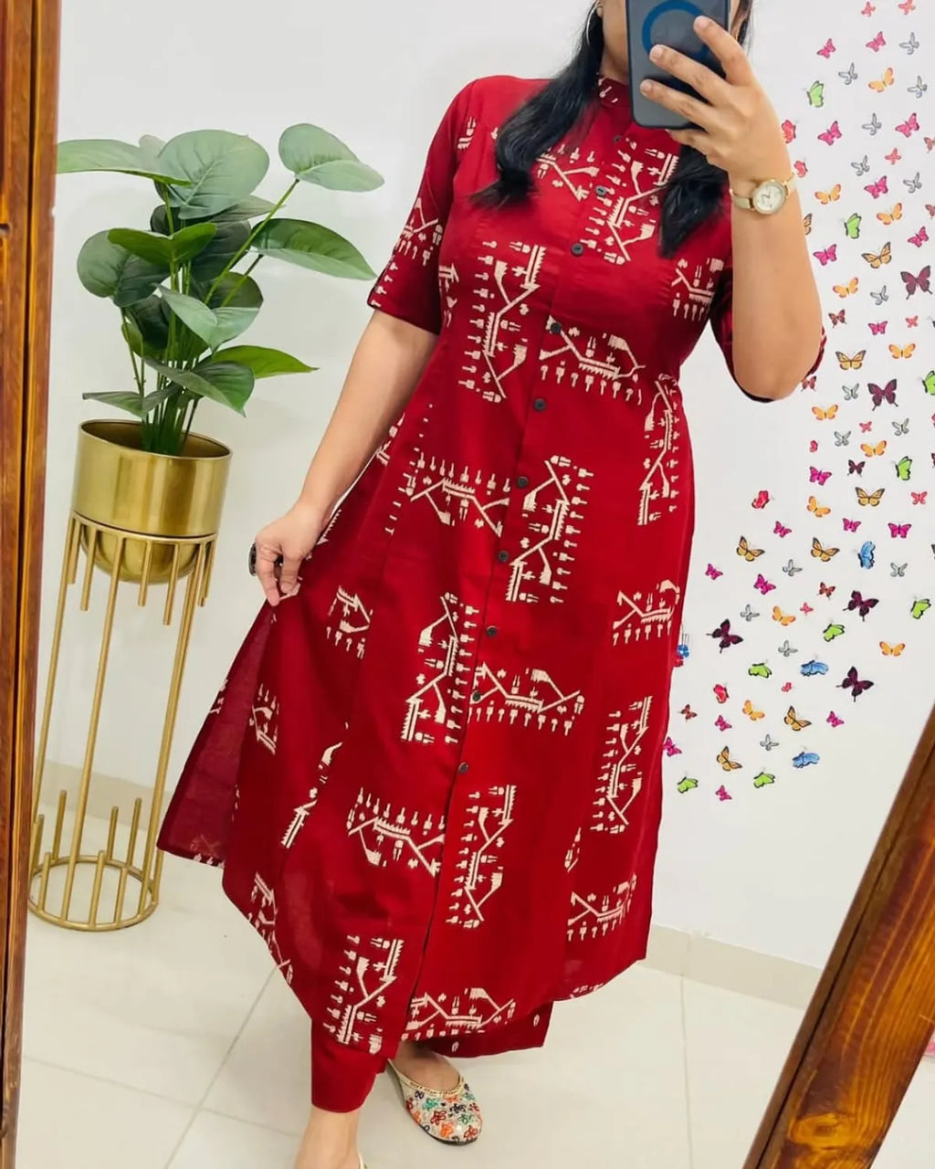 Jaipur Printed-Cotton-Red-Kurti-Plazo-Set